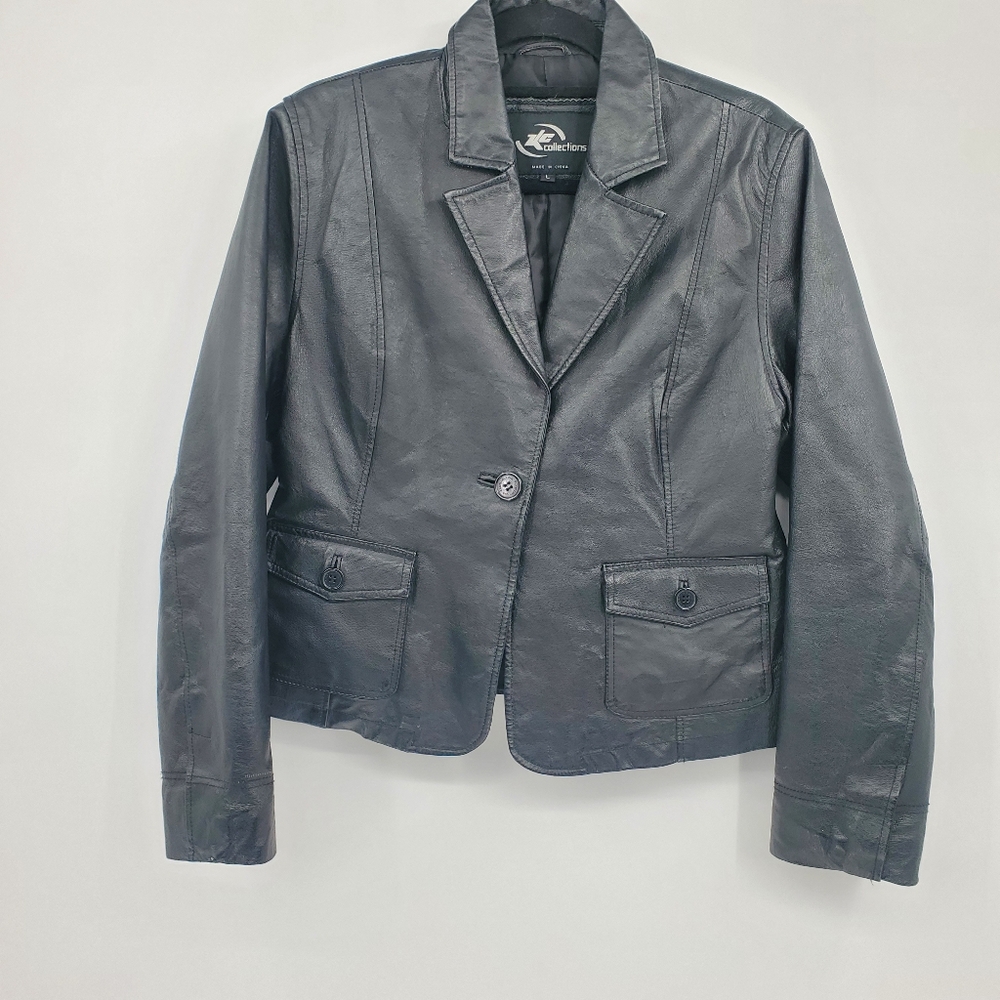 ♤♤ KC Collections Womens Black Leather Single Button Blazer Size Large